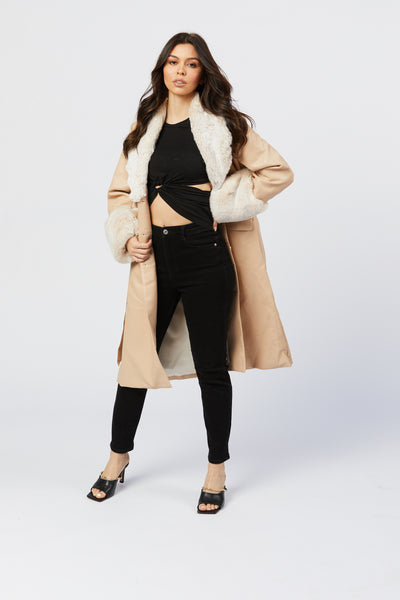 Cream Faux Leather Faux Fur Coat